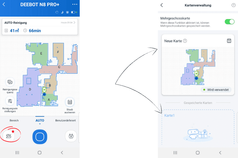 Speicherung mehrerer Karten in der Ecovacs Home App